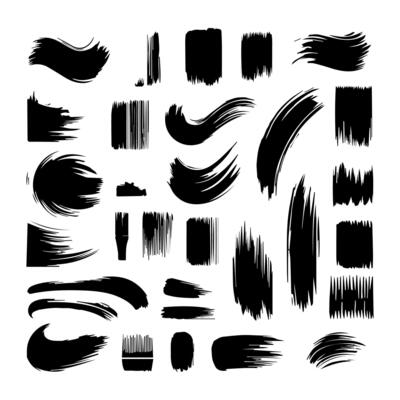 Big collection of black paint, ink brush strokes, brushes, lines, grungy. Dirty artistic design elements, boxes, frames. Vector illustration. Isolated on white background. Freehand drawing.