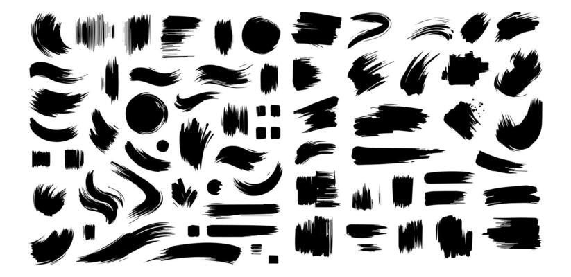 Big collection of black paint, ink brush strokes, brushes, lines, grungy. Dirty artistic design elements, boxes, frames. Vector illustration. Isolated on white background. Freehand drawing.