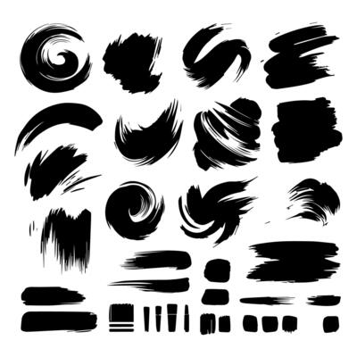 Big collection of black paint, ink brush strokes, brushes, lines, grungy. Dirty artistic design elements, boxes, frames. Vector illustration. Isolated on white background. Freehand drawing.
