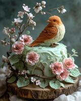 ai generado pastel decorado con flores y pájaro foto