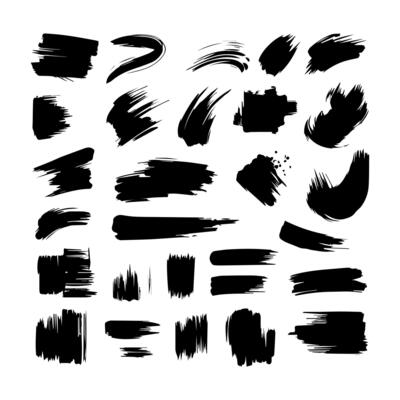 Big collection of black paint, ink brush strokes, brushes, lines, grungy. Dirty artistic design elements, boxes, frames. Vector illustration. Isolated on white background. Freehand drawing.