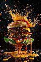 AI generated Delicious double cheeseburger is falling down and splashing sauce on dark background photo