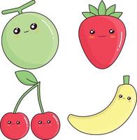 Set of Kawaii Fruit Mascot. Isolated on White Background. Cartoon Style. Vector Illustration