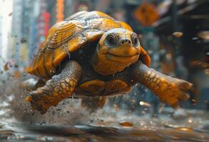 ai generado Tortuga es corriendo en el agua con sonrisa foto