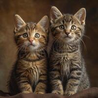ai generado dos linda gatitos son sentado siguiente a cada otro en marrón antecedentes. foto