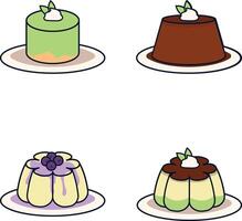 Sweet Pudding Dessert With Various Topping and Cream. Vector Icons