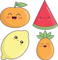 Set of Kawaii Fruit Mascot. Isolated on White Background. Cartoon Style. Vector Illustration