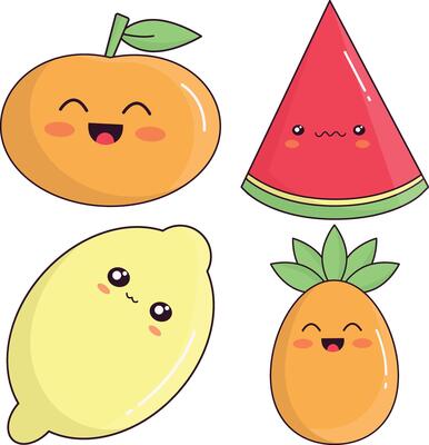 Set of Kawaii Fruit Mascot. Isolated on White Background. Cartoon Style. Vector Illustration