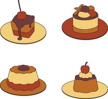 Sweet Pudding Dessert With Chocolate Topping. Vector Illustration