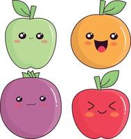 Set of Kawaii Fruit Mascot. Isolated on White Background. Cartoon Style. Vector Illustration