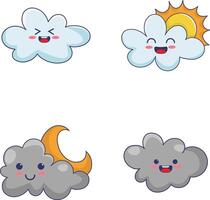 Kawaii Weather Character Set. Isolated On White Background. Cute Cartoon Vector Illustration.