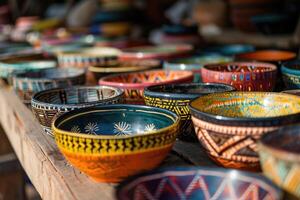 AI generated Handpainted wooden bowls with tribal designs in South Africa. photo