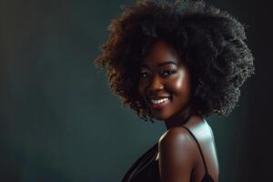 AI generated Smiling young black woman with afro hairstyle in black dress. photo