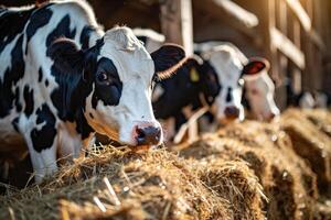 AI generated Cows eating hay in dairy farm photo