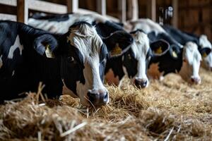 AI generated Black and white cows eating hay in stable. photo