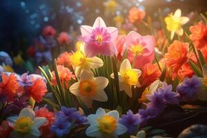 AI generated Spring flowers backdrop for Easter celebration. photo