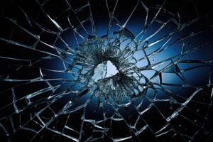 AI generated Broken glass with big hole on black background. photo
