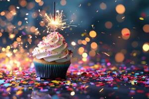 AI generated Colorful birthday party with cupcake sparkler and confetti. photo