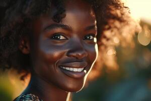 AI generated Beautiful African woman with curly hair and perfect smile. photo