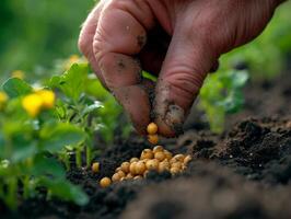 ai generado granjero mano plantando amarillo chícharos en el vegetal jardín foto