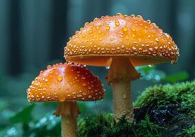 ai generado dos naranja mosca agárico hongos con agua gotas en el bosque foto