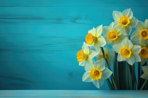 AI generated Yellow narcissus flowers on aquamarine wooden background photo