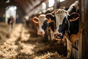 AI generated Multiple cows housed in barn. photo