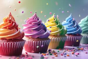 AI generated Colorful cupcakes with falling sprinkles on a banner. photo