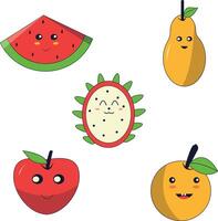 Kawaii Fruit Mascot In Flat Design. Vector Illustration Set