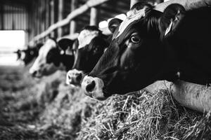 AI generated Farmer feeding black and white cows on livestock farm. photo