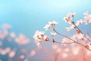AI generated Delicate white flowers on soft blue and pink background. photo