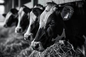 AI generated Black and white cows eating hay in stable. photo