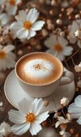 ai generado taza de capuchino con hermosa flores foto