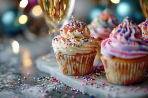 AI generated New Years Eve party dessert festive cupcakes with sprinkles and champagne. photo