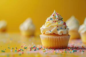 AI generated Butter cupcake muffin with cream frosting on yellow background. photo