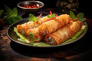 AI generated Popular Thai and Chinese deepfried spring roll snacks. photo