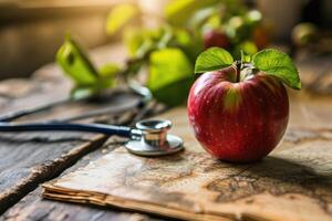 ai generado simbólico concepto de mundo salud día y nacional comida la seguridad educación mes con sano manzana y estetoscopio. foto