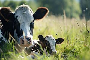 AI generated Mother cow watching over newborn calf in meadow photo