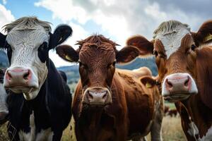 ai generado divertido vacas posando para el cámara. foto