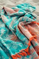 AI generated Teal and Coral Exotic Pattern Beach Towels photo