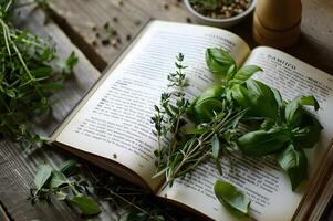 AI generated Open Recipe Book with Fresh Herbs photo