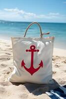 AI generated Red Anchor Motif on White Beach Bag photo