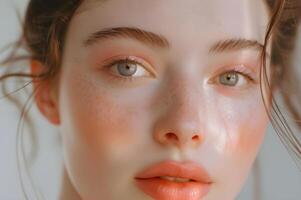 AI generated Radiant Glow Peach Fuzz Makeup Banner with Softly Smiling Model photo