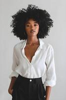 AI generated Black Woman in Crisp White Linen Shirt photo