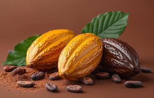 AI generated Cocoa pods and cocoa beans on brown background photo