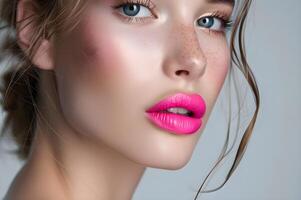 AI generated Sparkle Radiance Beautiful Woman in Elegant Pink Makeup photo