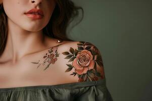 ai generado bohemio polvoriento Rosa flor tatuaje en del modelo hombro foto