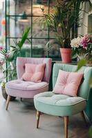 AI generated Mint Green Tattoo Chairs with Pastel Cushions photo