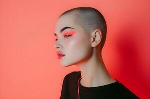 AI generated Radiant Rebellion Peach Fuzz Makeup on a Shaved Head in Simple Banner photo