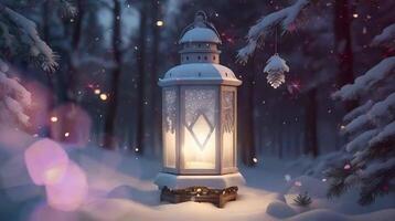 AI generated a lantern is lit in the snow in the woods video